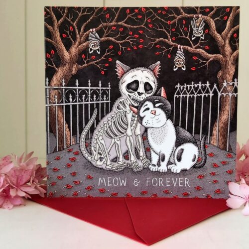 Gothic Love Card Meow & Forever Valentine’s Day, Anniversary Dark Romantic Creepy Humor Skeleton Wedding Invitation Cat Bat Card