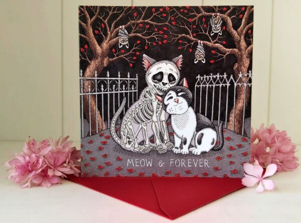 Gothic Love Card Meow & Forever Valentine’s Day, Anniversary Dark Romantic Creepy Humor Skeleton Wedding Invitation Cat Bat Card