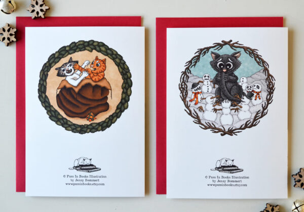 Griezelige Kerstkaarten Set x 6 Zes Monster en Katten Wenskaarten Krampus Enge Sneeuwman Gothic Kerstmis Poezen Illustraties Spooky Folklore Kerstkaart Creepy Christmas Felicitatie Feestdagen Kaart