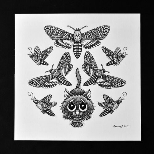 Deadly Moth Lover Original Art Death’s Head Hawkmoth Black Cat Death Gothic Home Decor Feline Illustration Creepy Cute Animal Drawing