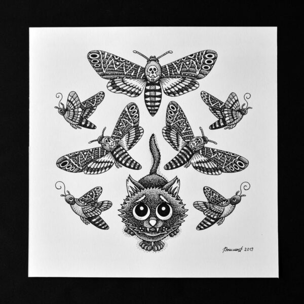 Deadly Moth Lover Original Art Death’s Head Hawkmoth Black Cat Death Gothic Home Decor Feline Illustration Creepy Cute Animal Drawing