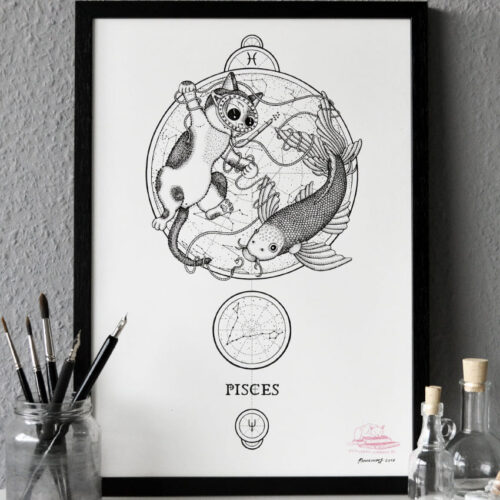 Zodiac Sign Pisces Drawing Original Art Black White Cat Pisces Star Sign Home Decor Astrology Horoscop Feline Illustration Koi Fish