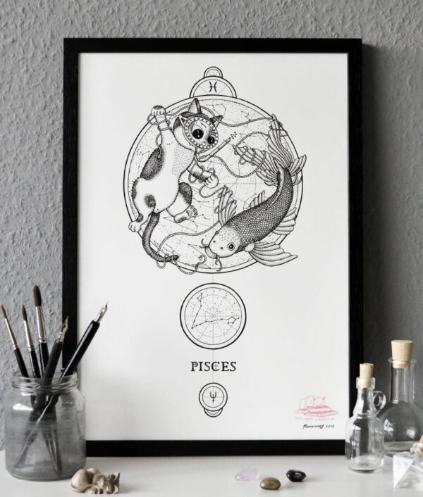 Zodiac Sign Pisces Drawing Original Art Black White Cat Pisces Star Sign Home Decor Astrology Horoscop Feline Illustration Koi Fish