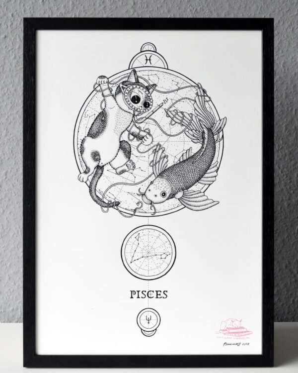 Zodiac Sign Pisces Drawing Original Art Black White Cat Pisces Star Sign Home Decor Astrology Horoscop Feline Illustration Koi Fish