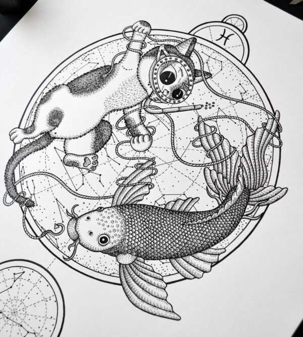 Zodiac Sign Pisces Drawing Original Art Black White Cat Pisces Star Sign Home Decor Astrology Horoscop Feline Illustration Koi Fish