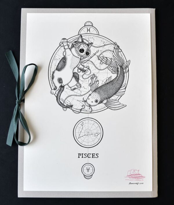 Zodiac Sign Pisces Drawing Original Art Black White Cat Pisces Star Sign Home Decor Astrology Horoscop Feline Illustration Koi Fish