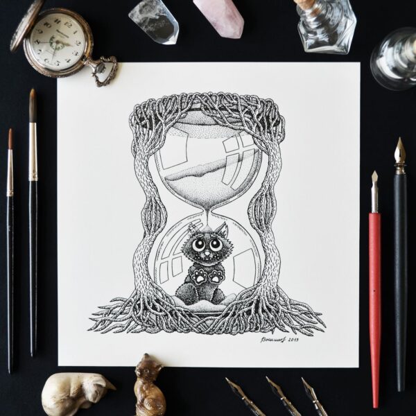 Trapped In Time Original Art Black Cat Hourglass Drawing Gothic Home Decor Feline Illustration Creepy Cute Tree Roots Dark Art