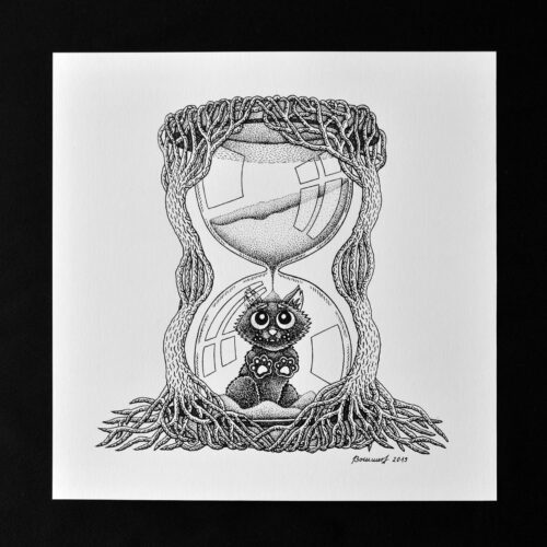 Trapped In Time Original Art Black Cat Hourglass Drawing Gothic Home Decor Feline Illustration Creepy Cute Tree Roots Dark Art