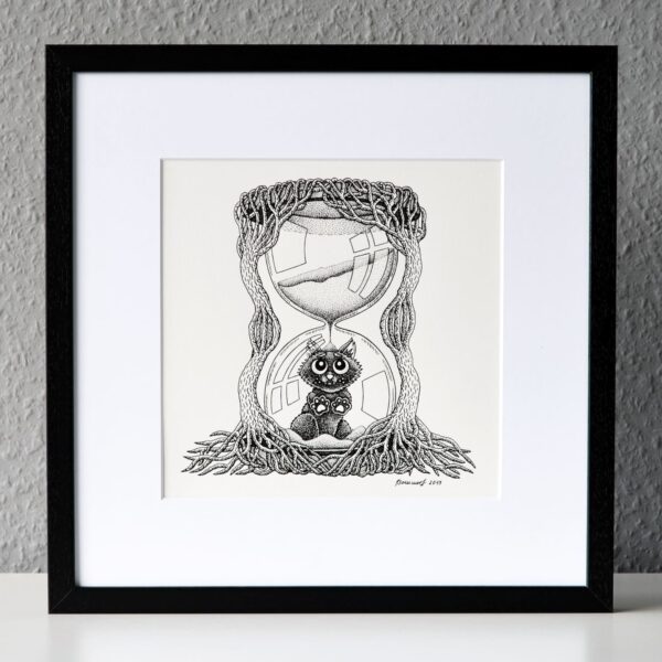 Trapped In Time Original Art Black Cat Hourglass Drawing Gothic Home Decor Feline Illustration Creepy Cute Tree Roots Dark Art