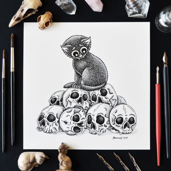 Pile Of Skulls Original Art Black Cat Drawing Human Skull Gothic Home Decor Feline Illustration Creepy Cute Macabre Dark Art