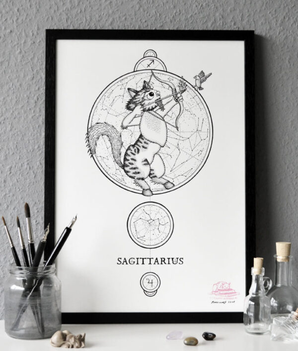 Zodiac Sign Sagittarius Drawing Original Art Black Tabby White Cat Sagittarius Star Sign Astrology Horoscop Feline Illustration