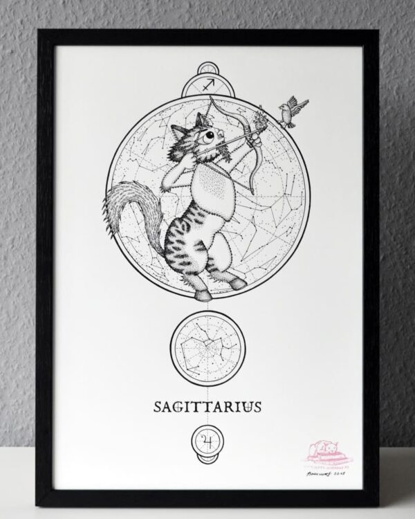 Zodiac Sign Sagittarius Drawing Original Art Black Tabby White Cat Sagittarius Star Sign Astrology Horoscop Feline Illustration