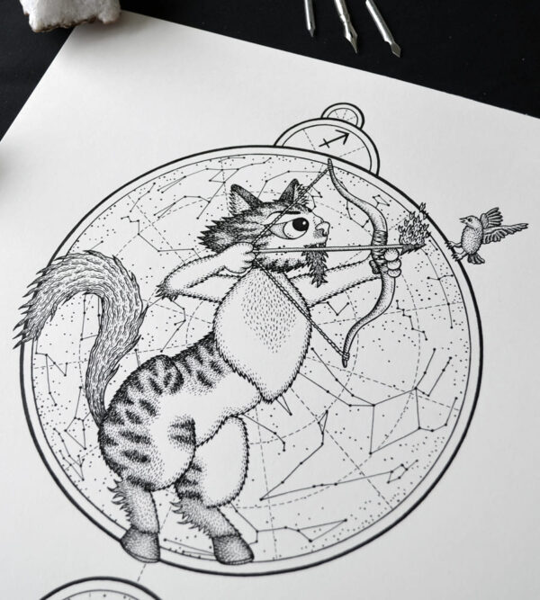 Zodiac Sign Sagittarius Drawing Original Art Black Tabby White Cat Sagittarius Star Sign Astrology Horoscop Feline Illustration