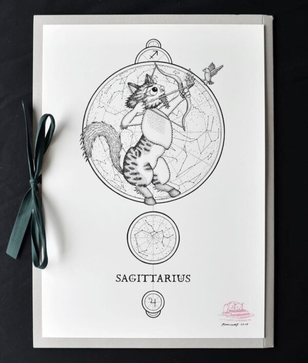 Zodiac Sign Sagittarius Drawing Original Art Black Tabby White Cat Sagittarius Star Sign Astrology Horoscop Feline Illustration