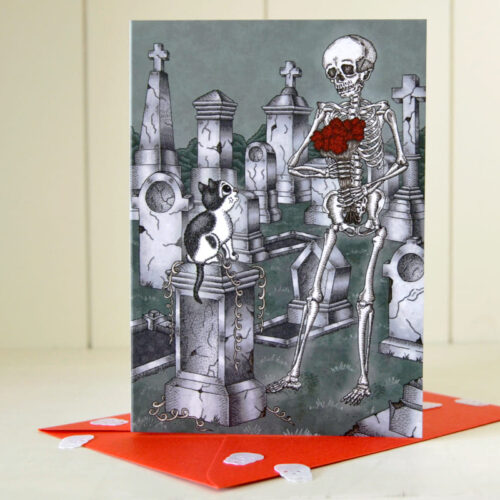 Gothic Thank You Card with Cat Beebie & Skeleton Flowers For You Spooky Old Cemetery Dark Romantic Gothic Valentine Card Halloween