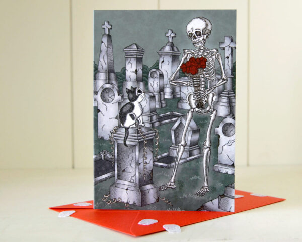 Gothic Thank You Card with Cat Beebie & Skeleton Flowers For You Spooky Old Cemetery Dark Romantic Gothic Valentine Card Halloween