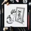 Mirror Reality Original Art Memento Mori Cat Skeleton Creepy Cute Cat Drawing Macabre Dark Art Gothic Home Decor Feline Illustration