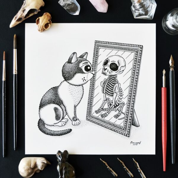 Mirror Reality Original Art Memento Mori Cat Skeleton Creepy Cute Cat Drawing Macabre Dark Art Gothic Home Decor Feline Illustration