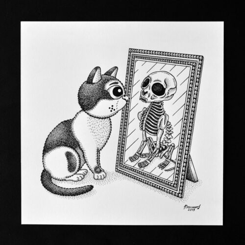 Mirror Reality Original Art Memento Mori Cat Skeleton Creepy Cute Cat Drawing Macabre Dark Art Gothic Home Decor Feline Illustration