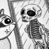 Mirror Reality Original Art Memento Mori Cat Skeleton Creepy Cute Cat Drawing Macabre Dark Art Gothic Home Decor Feline Illustration