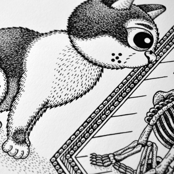 Mirror Reality Original Art Memento Mori Cat Skeleton Creepy Cute Cat Drawing Macabre Dark Art Gothic Home Decor Feline Illustration