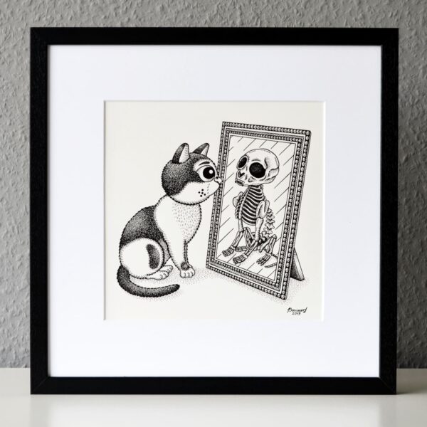 Mirror Reality Original Art Memento Mori Cat Skeleton Creepy Cute Cat Drawing Macabre Dark Art Gothic Home Decor Feline Illustration