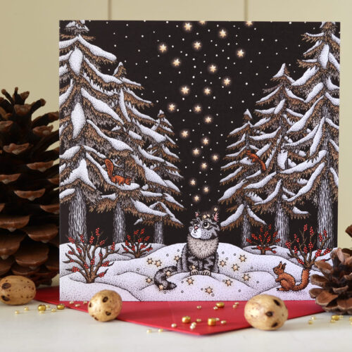 Christmas Cat Card The Star Talers Yule Card Greeting Card Dark Forest Squirrel Fairy Tale, Winter Wonderland Norwegian Forest Cat