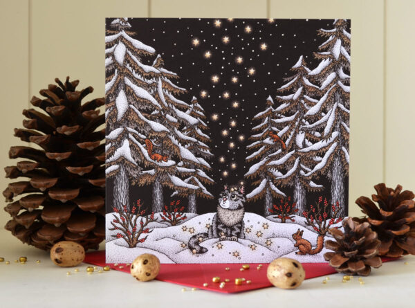 Christmas Cat Card The Star Talers Yule Card Greeting Card Dark Forest Squirrel Fairy Tale, Winter Wonderland Norwegian Forest Cat