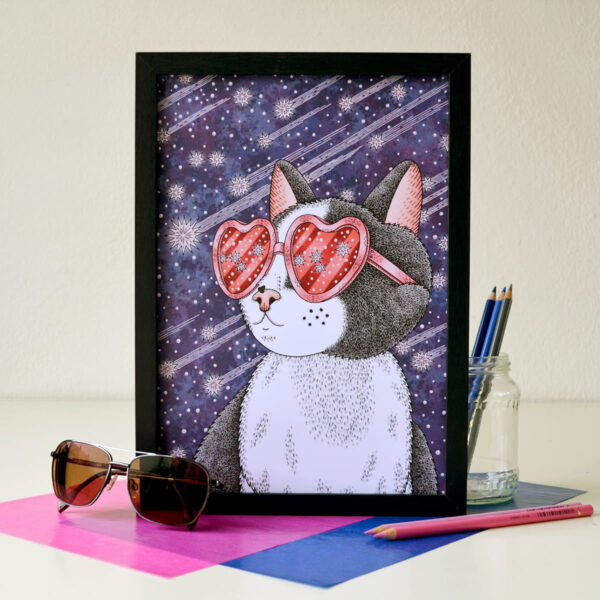 Cat Wall Art Sunglasses At Night Space Cat Heart Shaped Glasses Cosmic Cat Cool Vibes Cat With Glasses Crazy Cat Lady Gift Cat Dad