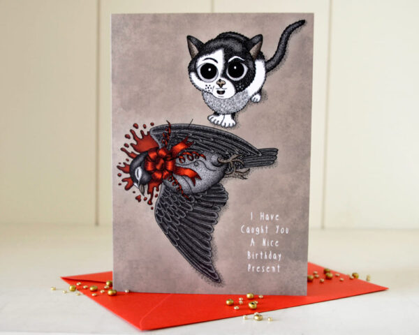 Cat Birthday Card with Beebiepoes' Special Present Dead Pigeon Gothic Birthday Card Macabre Gift Dark Humor Card Creepy Cute Kawaii