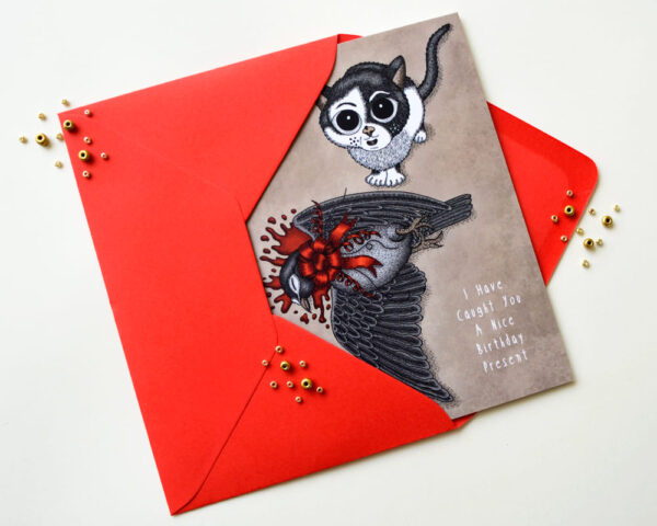 Cat Birthday Card with Beebiepoes' Special Present Dead Pigeon Gothic Birthday Card Macabre Gift Dark Humor Card Creepy Cute Kawaii