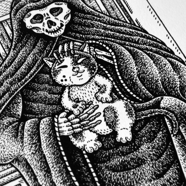 The Death's Best Friend Original Art Grim Reaper Creepy Cute Cat Drawing Gothic Home Decor Feline Illustration Nine Lives Skeleton