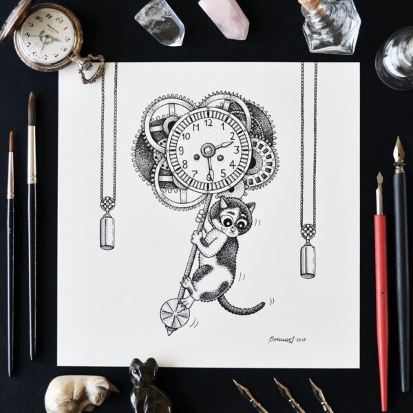 CATching Clockwork Original Art Steampunk Cat Time Travel Gears Drawing Gothic Home Decor Feline Illustration Creepy Cute Pendulum