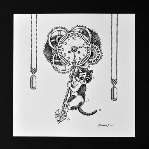 CATching Clockwork Original Art Steampunk Cat Time Travel Gears Drawing Gothic Home Decor Feline Illustration Creepy Cute Pendulum