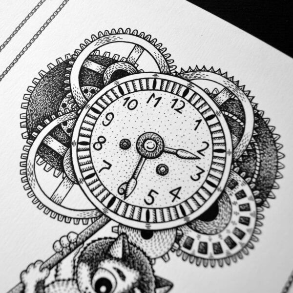 CATching Clockwork Original Art Steampunk Cat Time Travel Gears Drawing Gothic Home Decor Feline Illustration Creepy Cute Pendulum