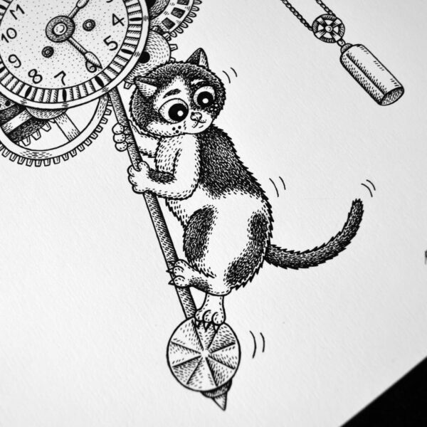 CATching Clockwork Original Art Steampunk Cat Time Travel Gears Drawing Gothic Home Decor Feline Illustration Creepy Cute Pendulum