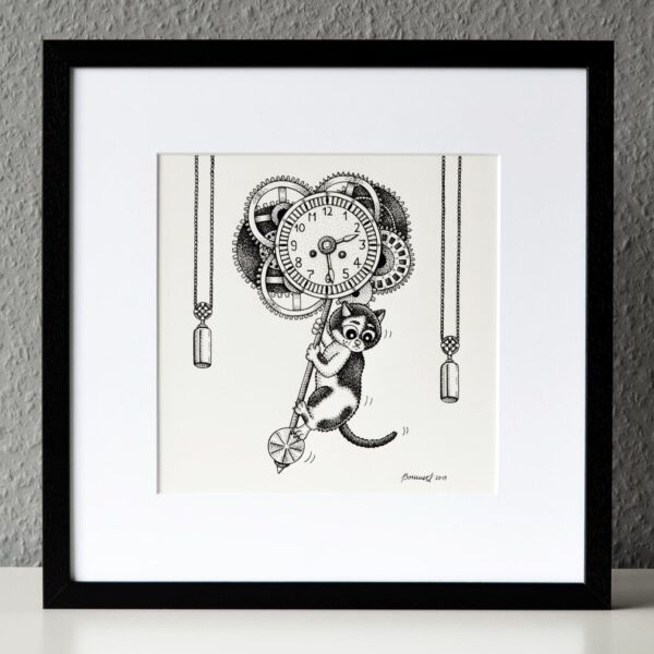 CATching Clockwork Original Art Steampunk Cat Time Travel Gears Drawing Gothic Home Decor Feline Illustration Creepy Cute Pendulum