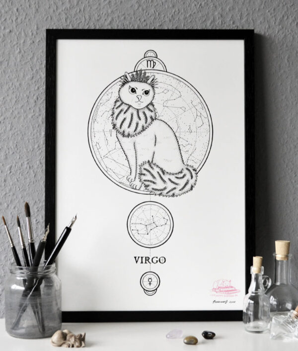 Zodiac Sign Virgo Drawing Original Art Turkish Angora Cat Virgo Star Sign Cat Home Decor Astrology Horoscop Feline Illustration