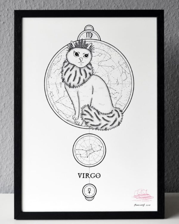 Zodiac Sign Virgo Drawing Original Art Turkish Angora Cat Virgo Star Sign Cat Home Decor Astrology Horoscop Feline Illustration