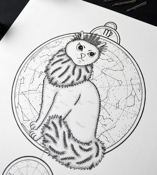 Zodiac Sign Virgo Drawing Original Art Turkish Angora Cat Virgo Star Sign Cat Home Decor Astrology Horoscop Feline Illustration